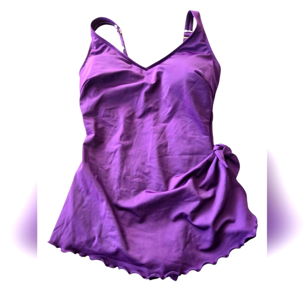 Vintage Roxanne 38D Bra Sized Swimsuit Purple One Piece Ruched V Neck Swim EUC